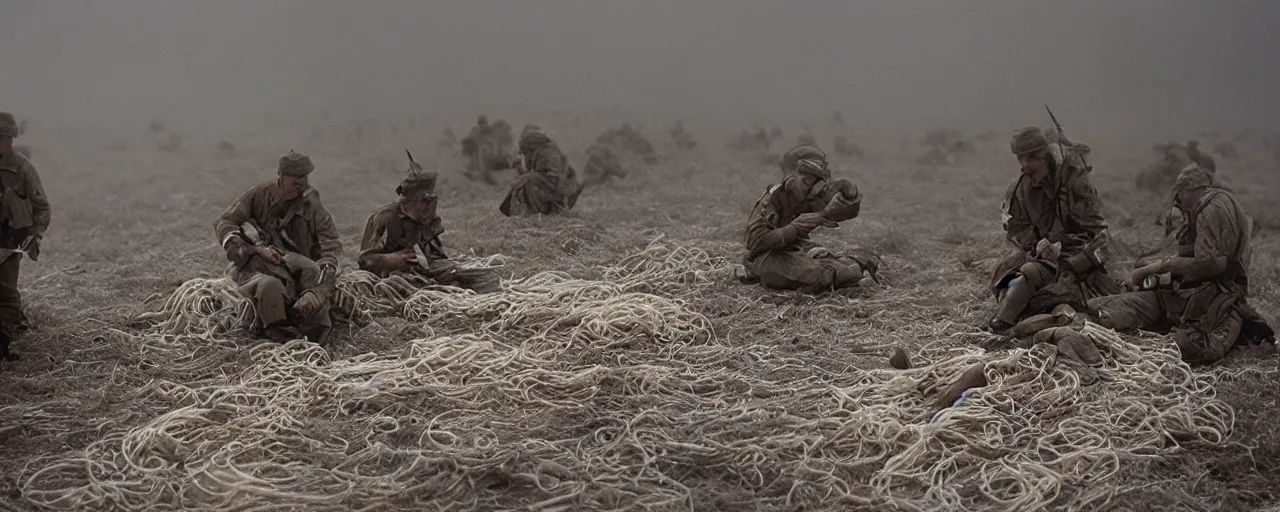 Image similar to dead soldiers on the battlefield, wrapping spaghetti, fog of war, canon 5 0 mm, high detail, intricate, cinematic lighting, photography, wes anderson, film, kodachrome