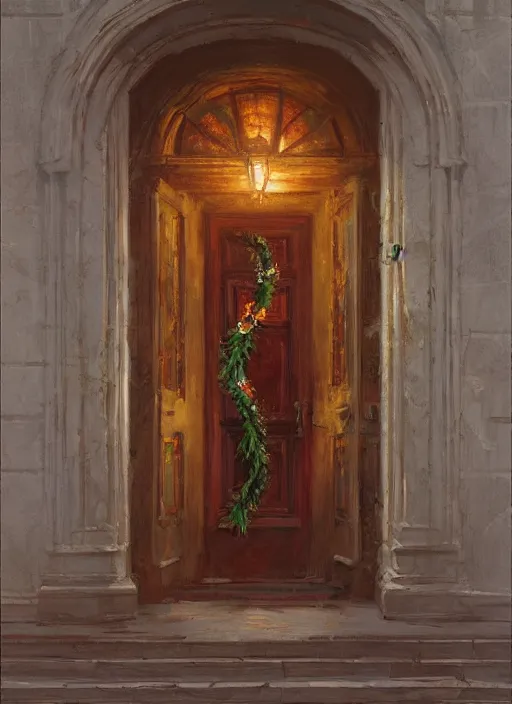 Prompt: wreath on new york apartment building door, artwork by gaston bussiere, craig mullins, trending on artstation