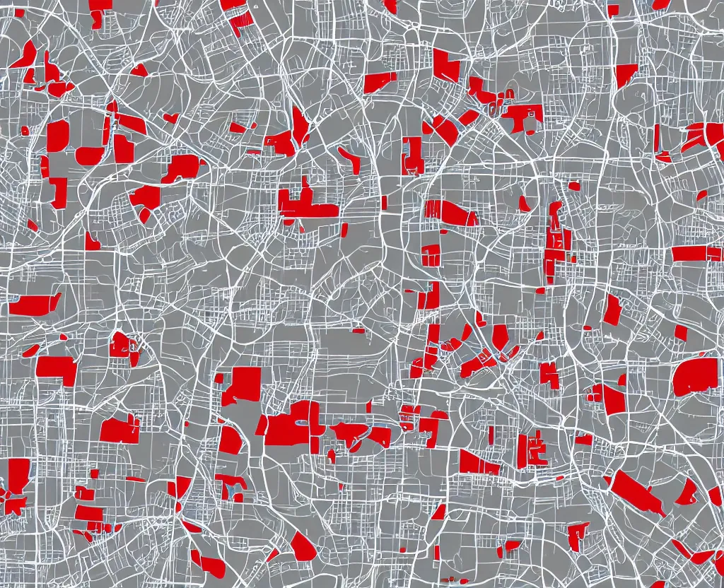 Prompt: Muted White on Grey Vector map of a large city with hundreds tiny red bench icons, vector graphics, highly detailed