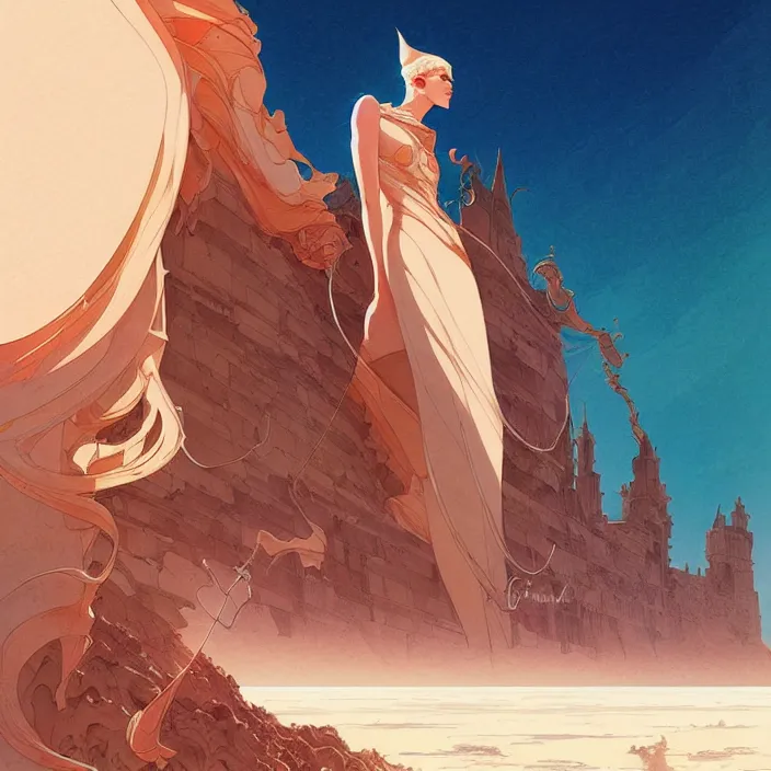 Image similar to style artgerm, joshua middleton, conrad roset, a giant brown stone castle in the desert, very long spires, sand swirling, detailed, ocean background setting, volumetric lighting