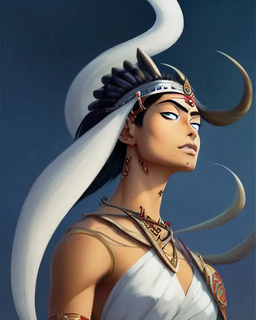 Prompt: indian warrior, doutzen kroes, detailed perfect face, exquisite details, septum piercing!!!!, wind magic, mid view, design on a white background, by studio muti, greg rutkowski makoto shinkai takashi takeuchi studio ghibli