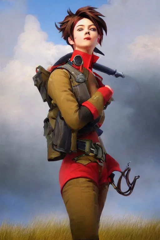 Prompt: oil painting of tracer overwatch in a field of grass wearing red uniform, in style of ivan aivazovsky, expressive face, detailed face, detailed eyes, full body, feminine face