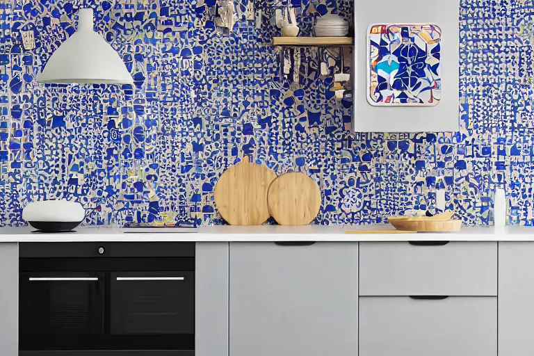 Image similar to IKEA catalogue, vaporwave kitchen with geometric tiles, gaudi