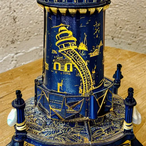 Prompt: an ornate lighthouse table statue, detailed with white and gold filagree and goldleaf decorative elements, sitting on a desk, painstaking detail, black lacquer, glossy shiny reflective, splashed with graffiti art