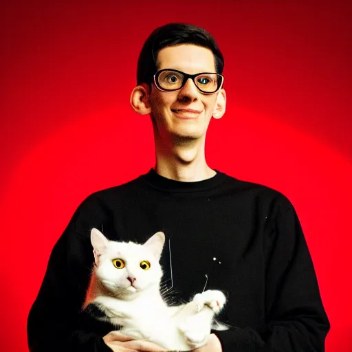 Prompt: portrait of neil cicierega holding his cat in the dark, red lighting, black background, their right eyes have lens flares