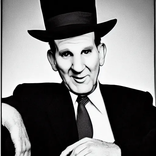 Image similar to a glamorous black and white portrait of al bundy with a hat, artistic, heroic, amazing, in the style of helmut newton