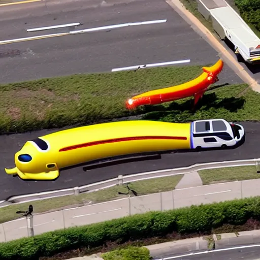 Image similar to a helicopter shot of the Oscar Meyer wienermobile in a high-speed police chase