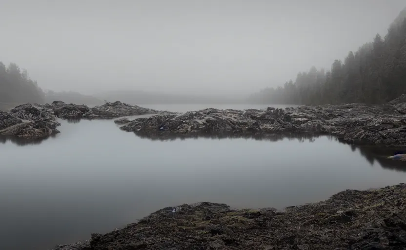 Prompt: extreme low angle showing the surface of a lake with a rocky lake shore in the foreground, scene from a film directed by charlie kaufman ( 2 0 0 1 ), foggy volumetric light morning, moody cinematography, cinematic trending on artstation in the style of greg rutkowski,