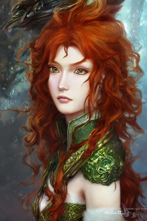 Image similar to A realistic anime portrait of long curly haired redhead female ranger wearing an intricate fantasy ranger outfit, asian facial features, green eyes, digital painting, by Stanley Artgerm Lau, Sakimichan, WLOP and Rossdraws, digtial painting, trending on ArtStation, SFW version