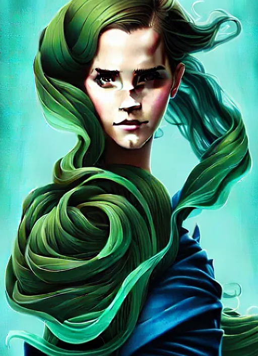 Image similar to style artgerm, joshua middleton, emma watson with green dress, very long blue hair, swirling, symmetrical face, symmetrical eyes, steampunk western gunslinger, cinematic lighting