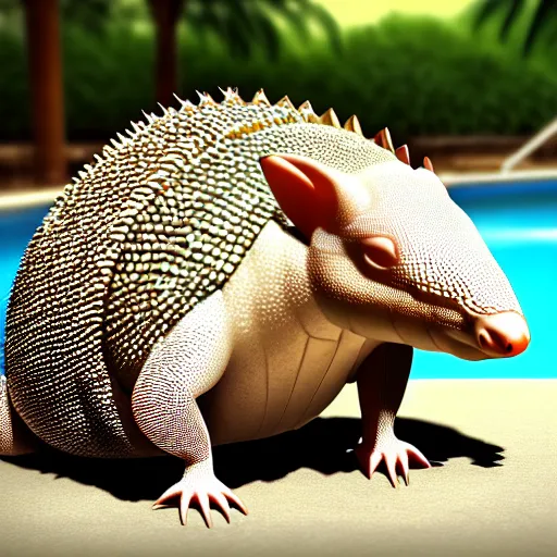 Prompt: a portrait of a very relaxed armadillo inside the swimming pool, fantasy style, octan render, ultra realistic