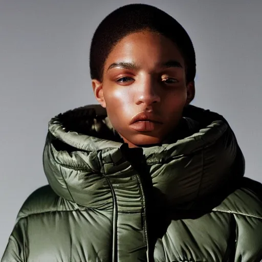 Image similar to realistic photoshooting for a new balenciaga lookbook color film photography close up portrait of a beautiful woman model, model wears a puffer jacket, photo in style of tyler mitchell, ssense