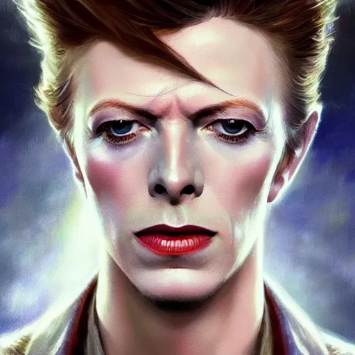 Image similar to young David Bowie, artists portrait, fantasy, highly detailed, digital painting, Abstract colours, concept art, sharp focus, depth of field blur, illustration, art by artgerm and greg rutkowski and alphonse mucha