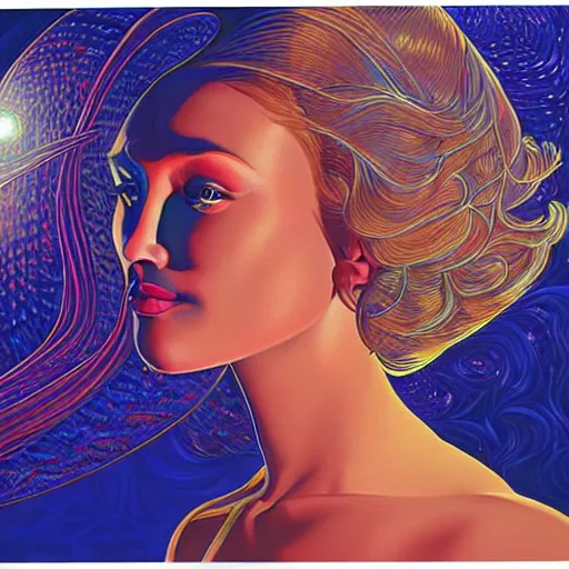 Prompt: portrait of a woman with swirling crystal hair and fractal skin, illustration by greg hildebrandt, retrofuturism, reimagined by industrial light and magic