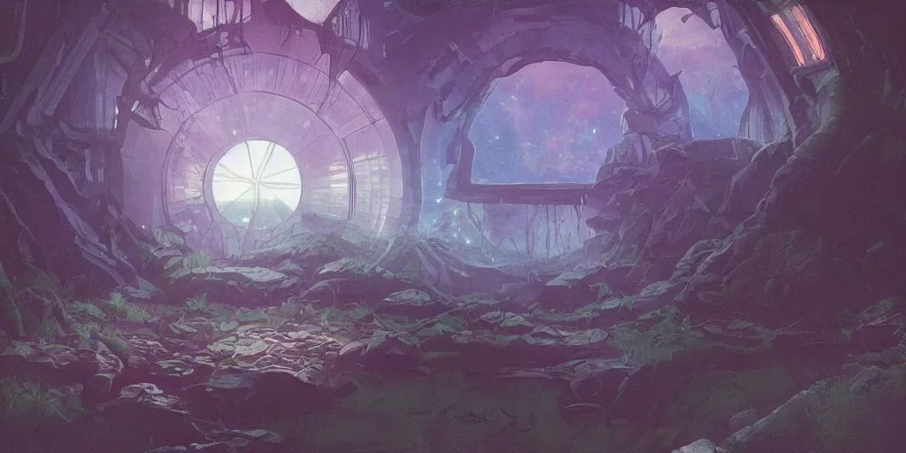 Image similar to 90s interior with circular windows, natural starlight, bright colors, romantic greenery, flowers, cinematic, cyberpunk, smooth, chrome, lofi, nebula, calming, dramatic, fantasy, by Moebius, by zdzisław beksiński, fantasy LUT, studio ghibli, high contrast, epic composition, sci-fi, dreamlike, surreal, angelic, 8k, unreal engine, hyper realistic, fantasy concept art,