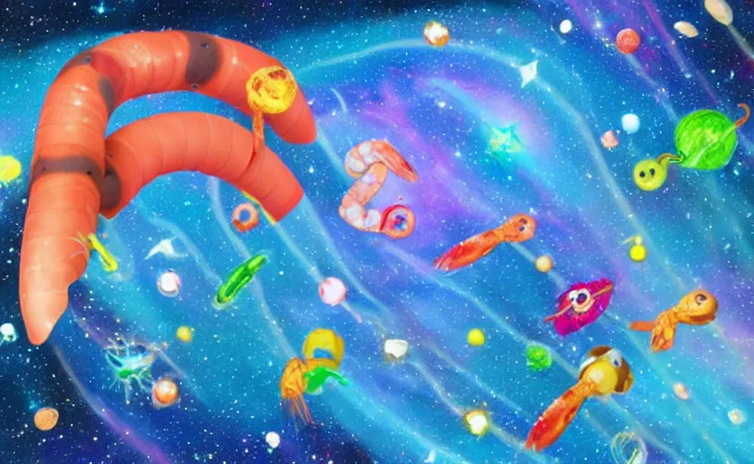 Image similar to a giant water slide through space with shrimp characters on it, colorful nebula's, earth in the background