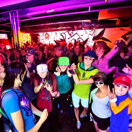 Image similar to pokemon party in a techno nightclub in berlin