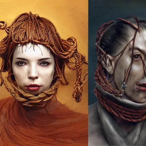 Image similar to portrait of a Shibari rope wrapped face and neck, headshot, insanely nice professional hair style, dramatic hair color, digital painting, of a old 15th century, old cyborg merchant, amber jewels, baroque, ornate clothing, scifi, realistic, hyperdetailed, chiaroscuro, concept art, art by Franz Hals and Jon Foster and Ayami Kojima and Amano and Karol Bak,