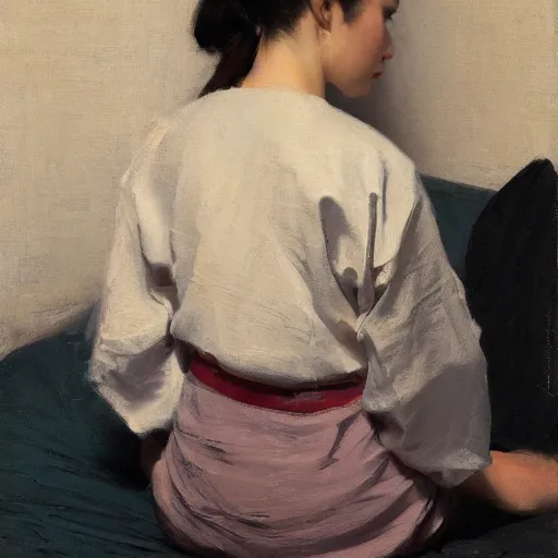 Prompt: girl with pony tail, in kimono, backview, sitting on edge of bed, by jeremy lipking, tim rees, joseph todorovitch, 8 k, sharp, detailed, high quality