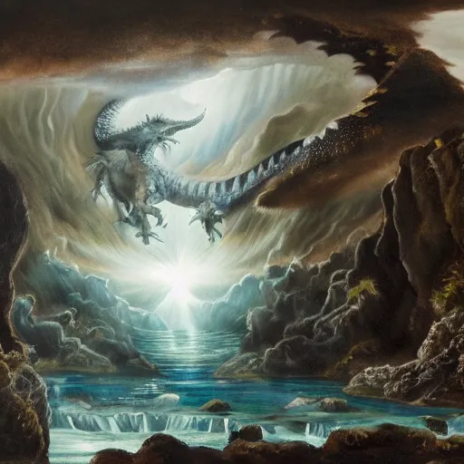 Image similar to oil painting of a dragon flying in the air near a cave with a waterfall in the center, light emanating from the waterfall leading to a big pool of water, dragon has black and white siberian tiger stripes, elegant, sharp focus, wide shot, clear, detailed, early renaissance