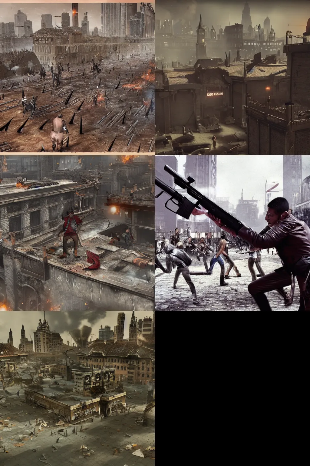 Prompt: Damaged city with people dressed in leather and spike shooting each other with makeshift guns, highly detailed