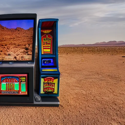 Image similar to a distant slot machine in the middle of a desert, wide shot, establishing wide shot, dark lighting, long exposure photography, slow shutter,