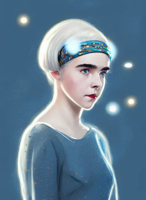 Image similar to portrait of kiernan shipka with freckles, white hair, big 1 9 6 0 s bob hairstyle with bangs and hairband, blue 1 9 6 0 s dress, intricate, elegant, glowing lights, highly detailed, digital painting, artstation, concept art, smooth, sharp focus, illustration, art by wlop, mars ravelo and greg rutkowski