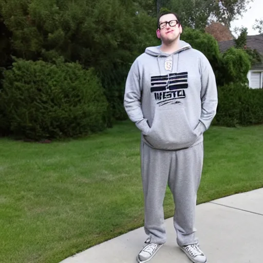 Image similar to Rocco Botte wearing gray sweatshirt and gray sweatpants and white sneakers on a suburban residential street