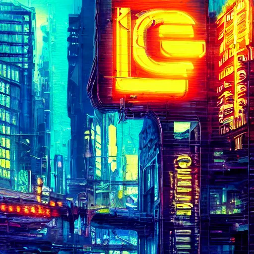 Image similar to an impressionist oil painting of a cyberpunk dystopian city with a lot of neon signs