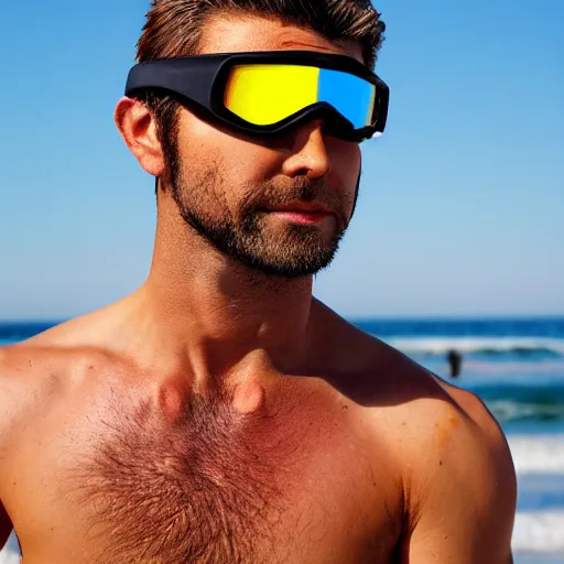 Prompt: muscular anthropomorphic hawk surfer shirtless on a beach, male, avian, detailed light brown feathers, yellow talons, wearing goggles on head, brown eyes, striking an cool and unbothered pose, semi realistic