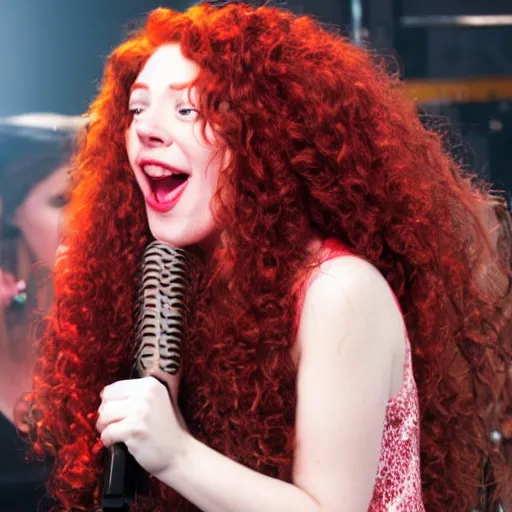 Image similar to a beautiful girl with long curly red hair on a singing on broadway stage