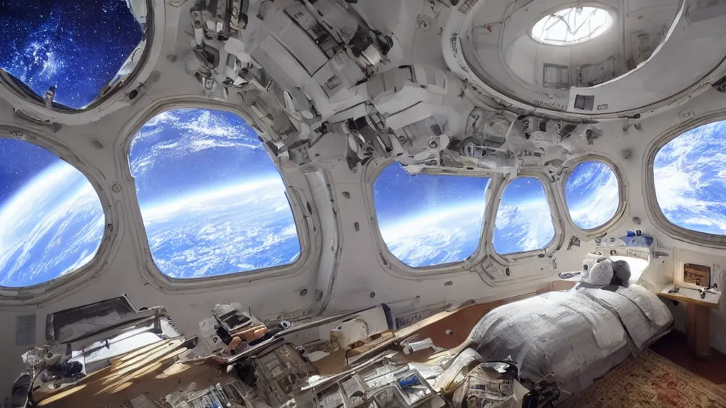 Prompt: space station futurisitc bedroom with window overlooking earth, by greg rutkowsky and ivan shishkin,