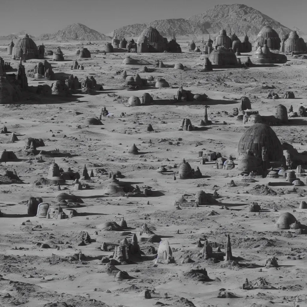 Prompt: Mos Eisley on Tatooine, archival photograph by Ansel Adams