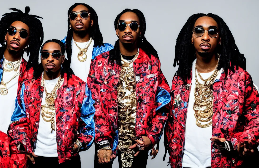 Prompt: photo of the rap group migos members quavo, offset and takeoff, product shot, macro, hyper realistic, 4 k, 8 k