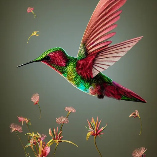 Image similar to hummingbird, feathers like fine floral ornaments, eye - level medium angle shot, intricate, floral background, by esao andrews, by m. w. kaluta, by yoshita amano, natural lighting, smooth, 3 d octane render, depth perception, 4 k,, artstation