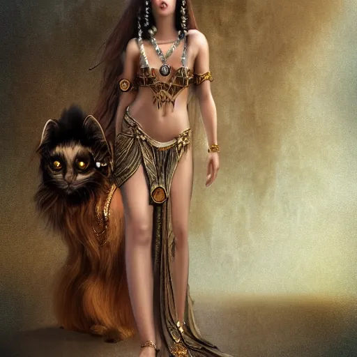 Image similar to long haired fluffy anthromorphic cat dressed in cleopatra costume detailed matte painting in the style of johannes voss
