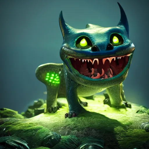 Image similar to realistic bioluminescent toothless on a dream biome, detailed, studio shot, unreal engine 5, octane, high definition, smooth, artstation, behance