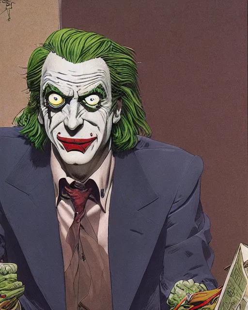 Prompt: portrait of saul goodman as the joker, colorful, art by studio ghibli and peter elson, bernie wrightson