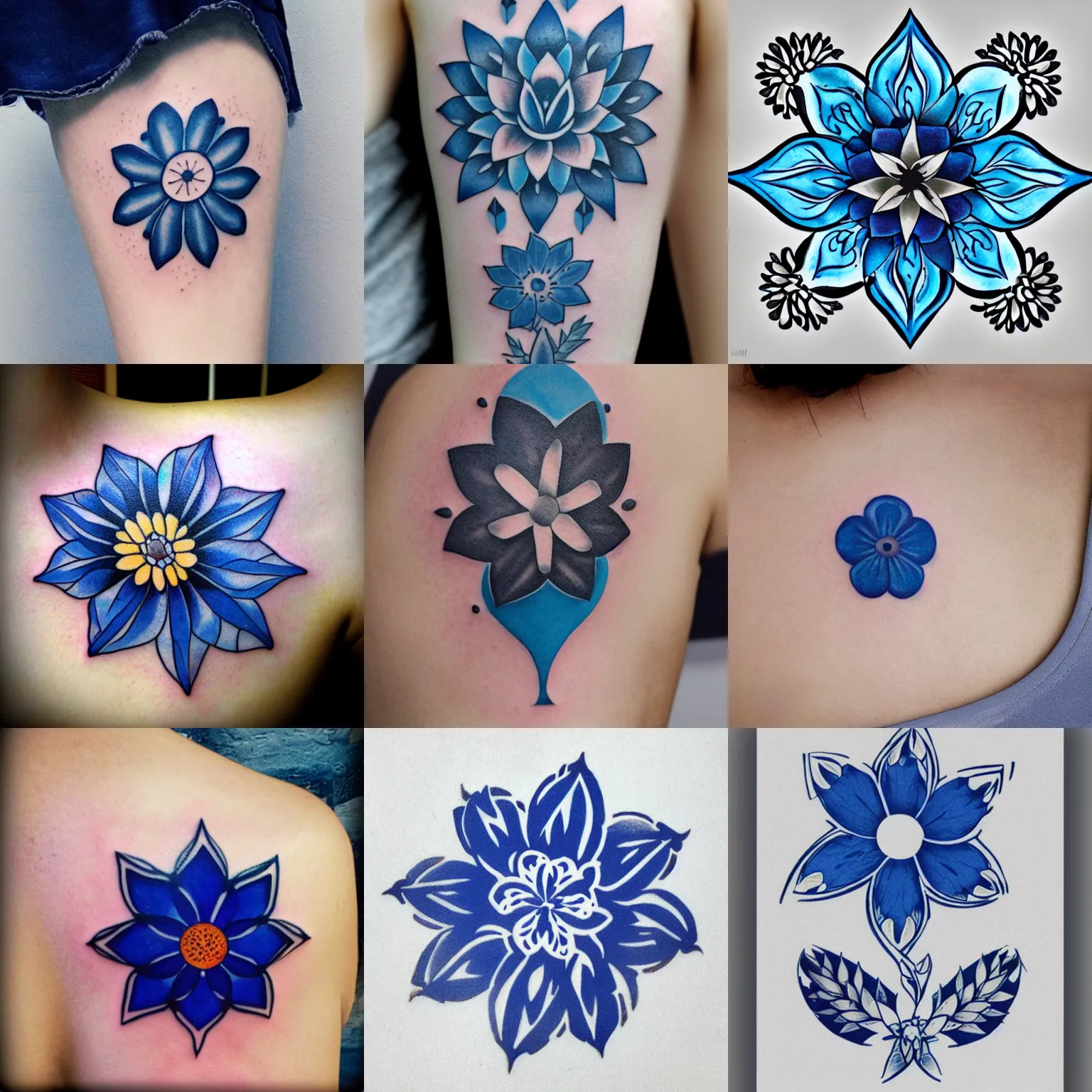 Prompt: catroon die cut tattoo of blue flower with white border on gray background