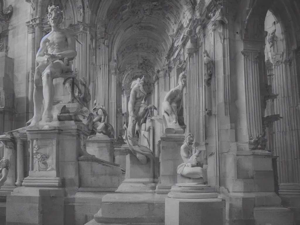 Prompt: 50 mm analog photo of a liminal space with classic statues, cinematic lights, fog, godrays