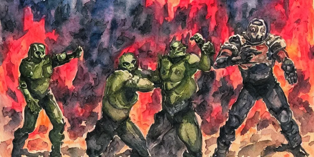 Image similar to doomguy fight in hell watercolor art dark shadows pergament paper