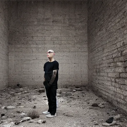 Prompt: beautiful portrait of anthony fantano, theneedledrop, standing in desolate empty brutalist ruins desert wasteland, close to the camera, painted by zdzislaw beksinski