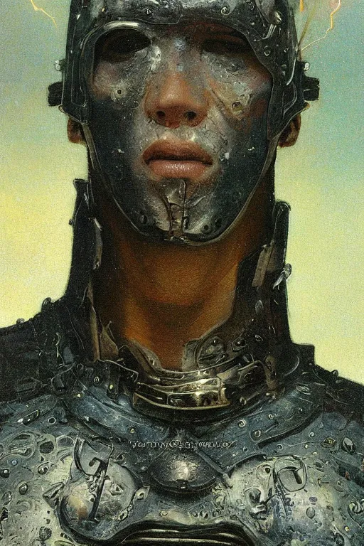 Prompt: portrait of beautiful gothic young man, warhammer, cyber armor, a lot of scars, thunderstorm and fire, blue head, the middle ages, highly detailed, artstation, illustration, art by jean delville, 8 k quality, art by leon gerome, greg gandy,