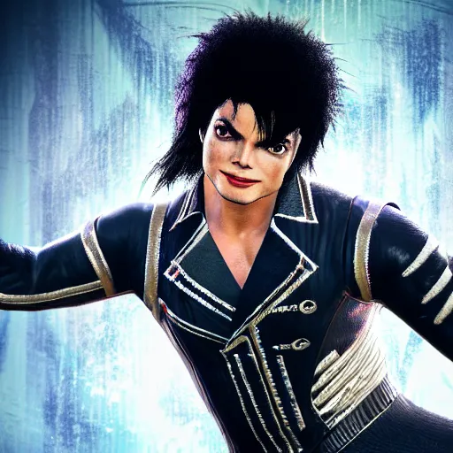 Image similar to a videogame still of Michael Jackson in Tekken 7, portrait, 40mm lens, shallow depth of field, close up, split lighting, cinematic