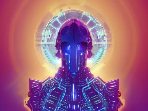 Image similar to a gray faceless figure, ascended, robot wizard, NPC with a saint\'s halo, saintly halo behind their head made of neon filigree, consulting the cyber oracle of all knowledge, at the end of time, in an esoteric ritual exchange of physical code, 8k, 4k, unreal 5, DAZ, trending on artstation, octane render, abstract painting, bright blue future