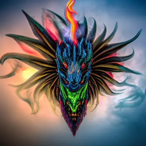 Image similar to multi color smoke, smoke has a small ( outstretched ribbed wings and head of an ancient dragon ), billowy, hdr, 8 k, 4 k