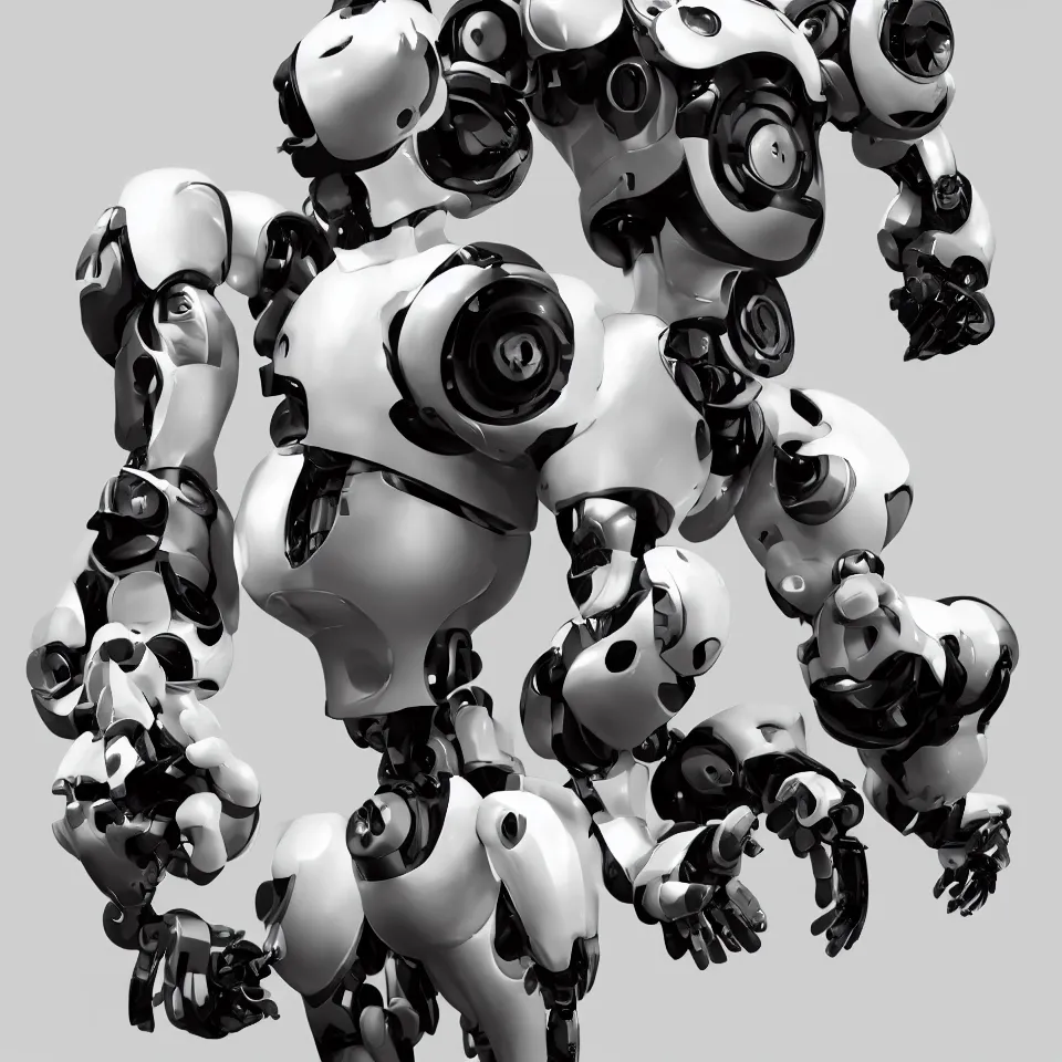 Image similar to robot mascot white large head black torso black arms cinematic trending on artstation