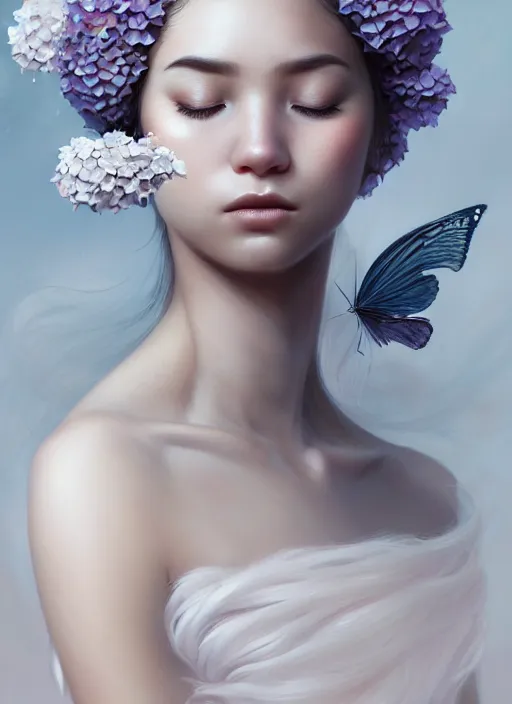 Image similar to a photographic portrait of a seductive sleeping anthropomorphic hydrangea blossom with a perfect face, fantasy, wind blowing hair, intricate, elegant, very very highly detailed, digital painting, artstation, concept art, smooth, super sharp focus, illustration, art by artgerm and greg rutkowski and fuji choko and viktoria gavrilenko and hoang lap
