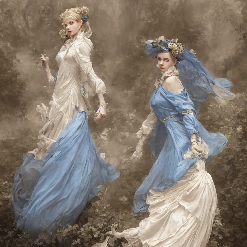 Image similar to one woman dressed in a vaporous wrapped large victorian cream roses silk semi-transparent blue and cream dress fashion is running D&D, fantasy, intricate, elegant, highly detailed, digital painting, artstation, concept art, matte, sharp focus, illustration, art by Artgerm and Greg Rutkowski and Alphonse Mucha, UHD