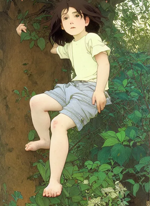 Image similar to young boy with long hair wearing shorts and a t - shirt, climbing a tree, path traced, highly detailed, high quality, digital painting, by studio ghibli and alphonse mucha, leesha hannigan, hidari, art nouveau, chiho aoshima, jules bastien - lepage